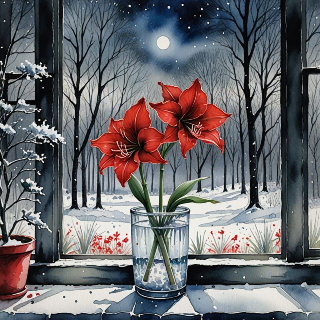 Winter Wonderland Amaryllis in Whimsical Watercolor