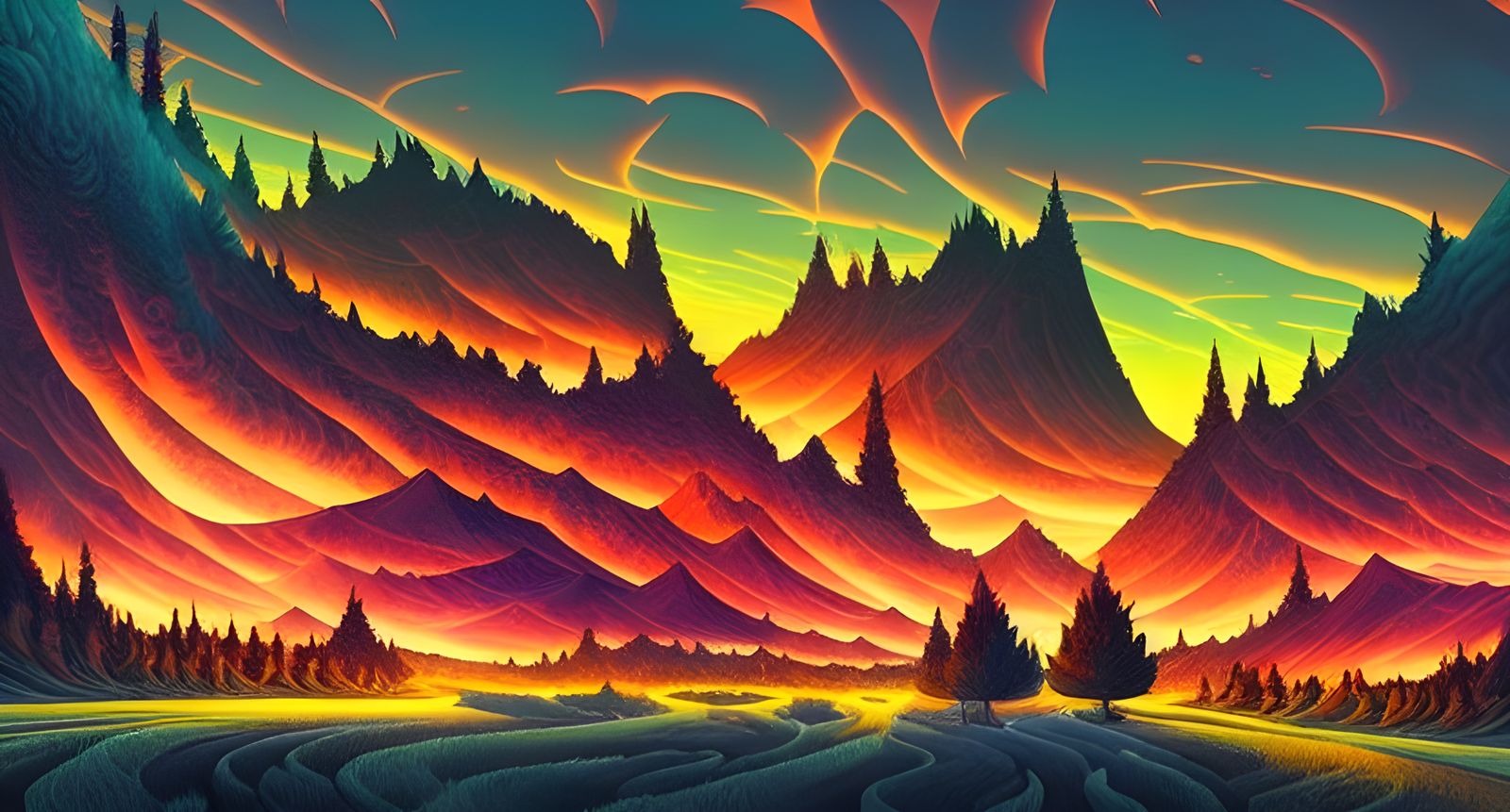 Epic Fiery Night Landscape in Dark Fantasy Style