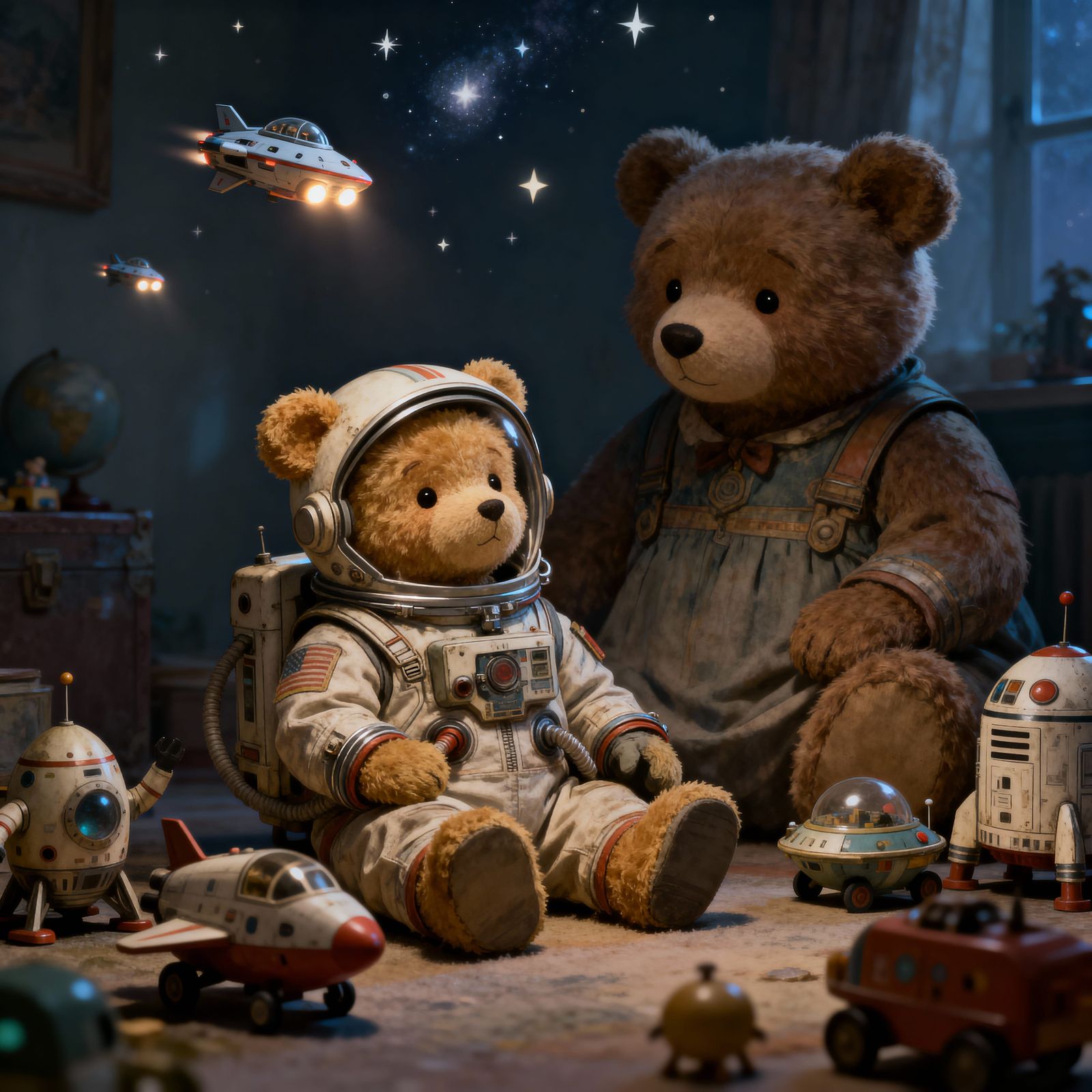 Vintage Teddy Bear Space Adventure with Mom