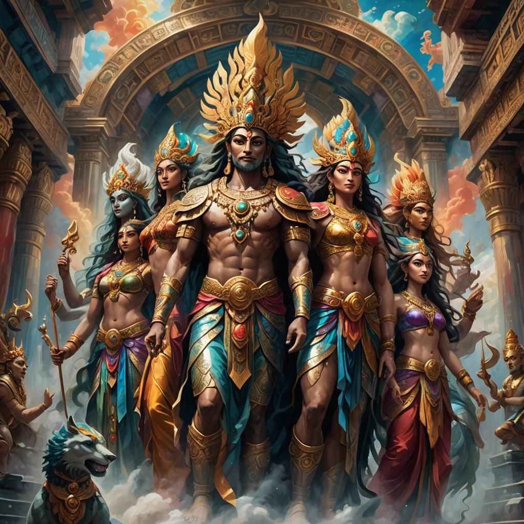 Deities Unite in Grand Temple: Oil Painting
