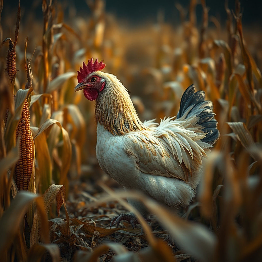 Chicken Strutting Through Cornfield at Dawn