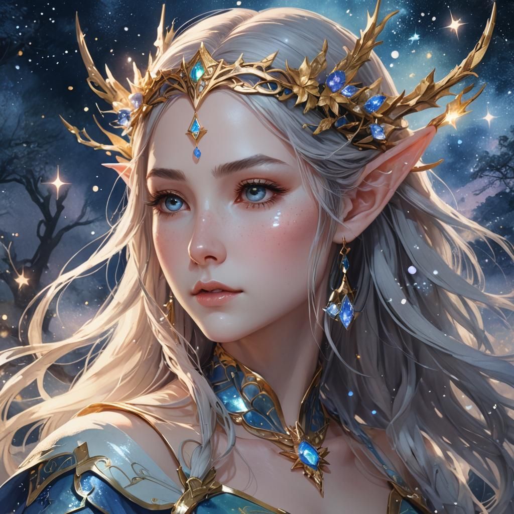 Elven Goddess of Starlight in Watercolor Style