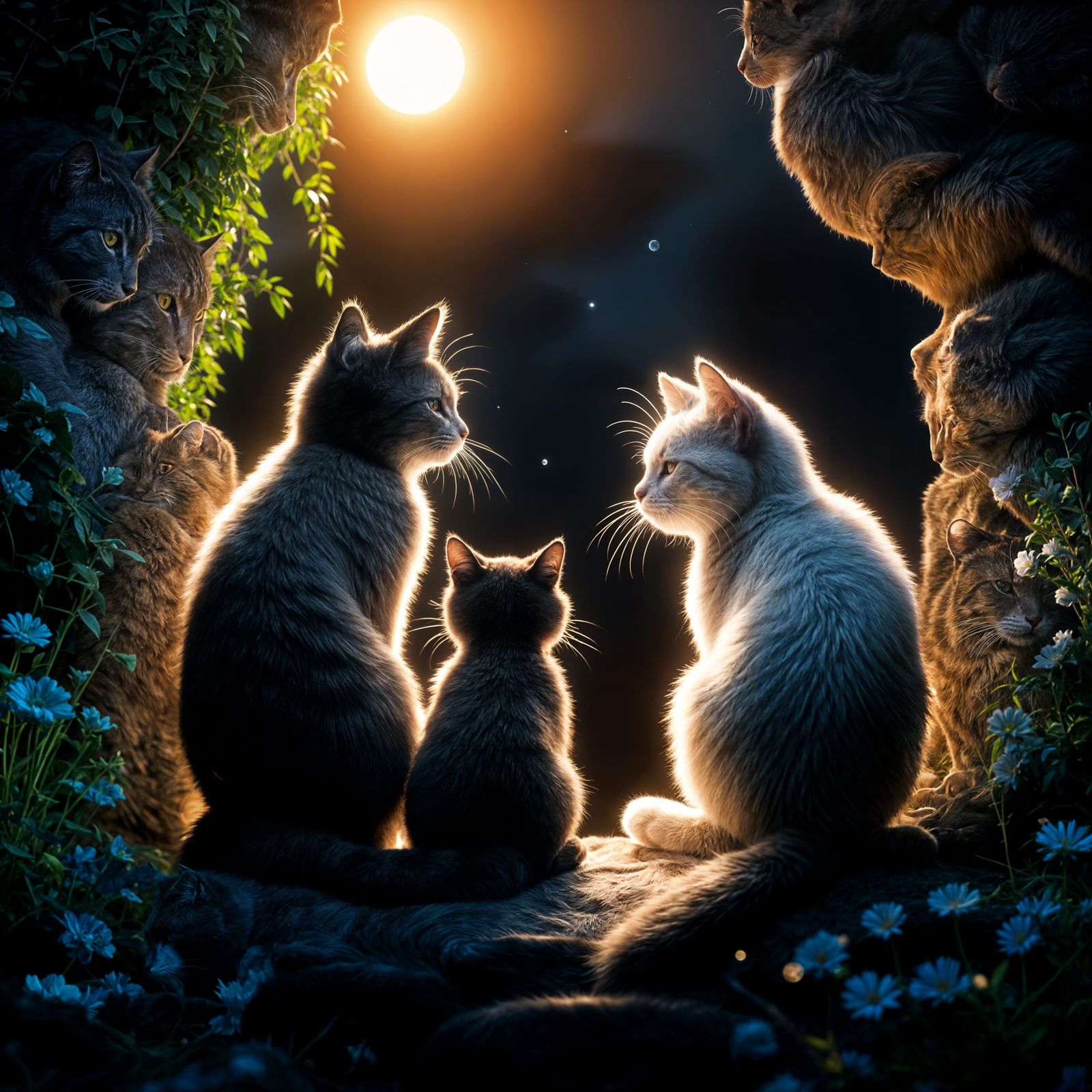 Two Cats Affectionately Watching the Moon