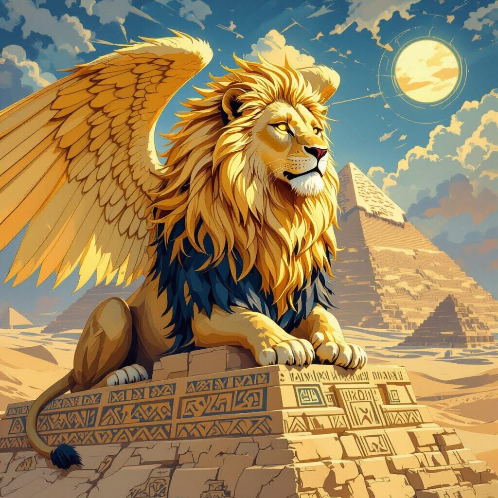 Winged Golden Lion Perched Atop Great Pyramid