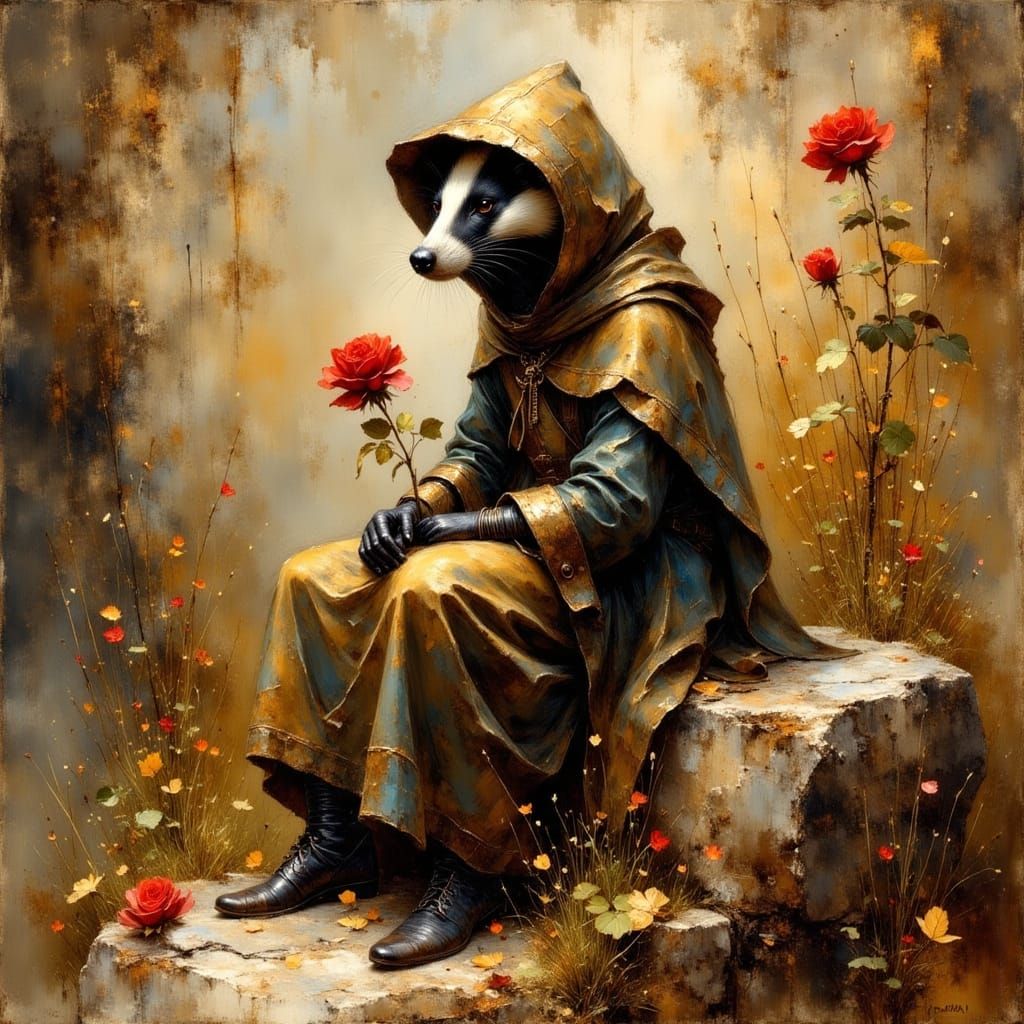 Ancient Badger Pilgrim with Rose, Autumnal Colors