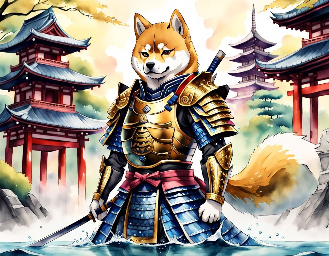 Shiba Inu Samurai in Anime Style Armor