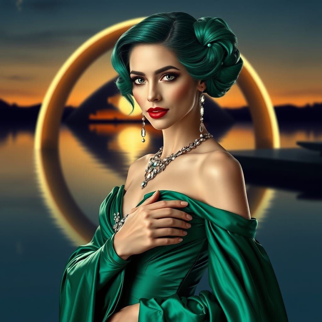 Ethereal Fantasy Woman in Emerald Green Gown Poses in Golden...