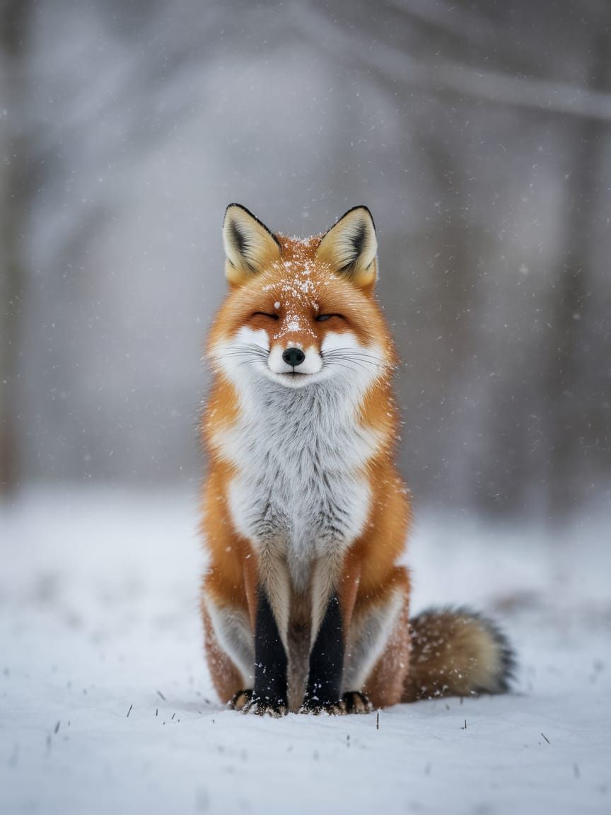 Serene Fox in Winter Forest: Minimalist Composition