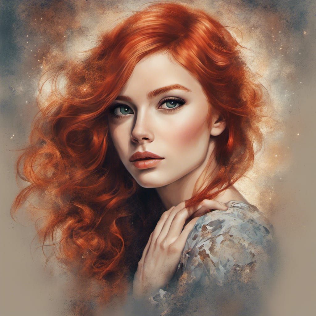 Abstract Portrait of Red-Haired Lady with Retro Style