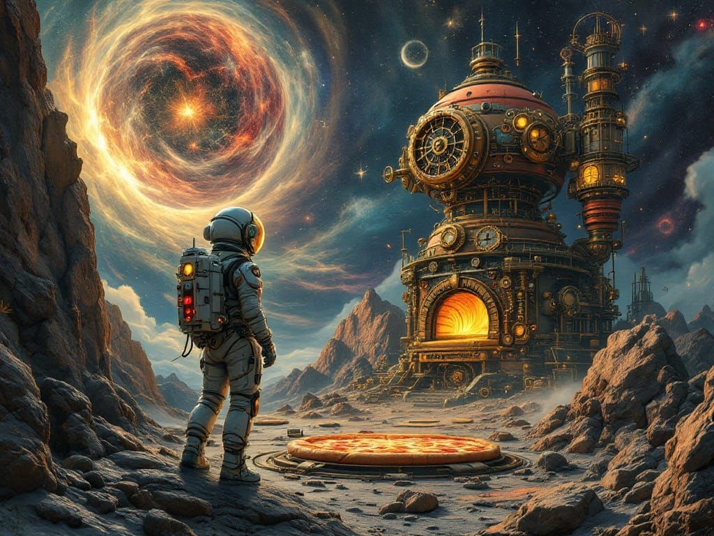 Steampunk Astronaut Gazes at Clockwork Pizza Oven