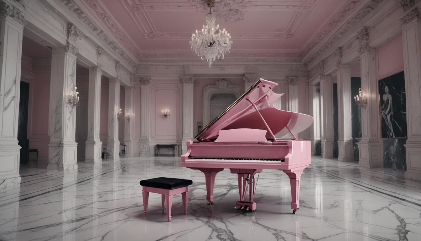 translucent pink grand piano in black and white marble room ...
