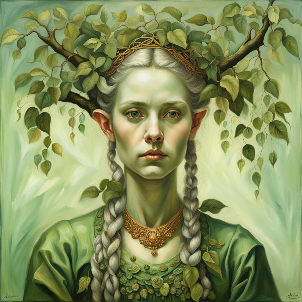 Elven Dryad Portrait in Hyperrealistic Oil Painting Style