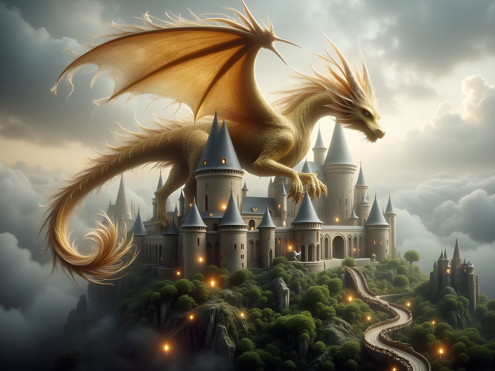 Majestic Golden Dragon Surveys Medieval Castle