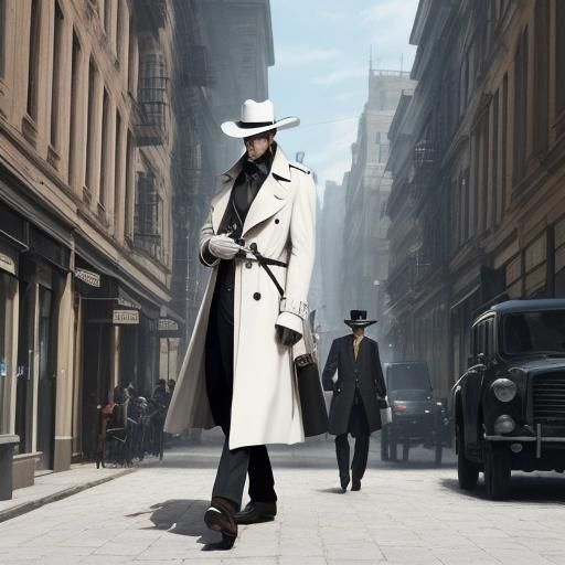 A tall, thin white spy strides confidently down the right side of the street. Their trench coat billows dramatically beh...