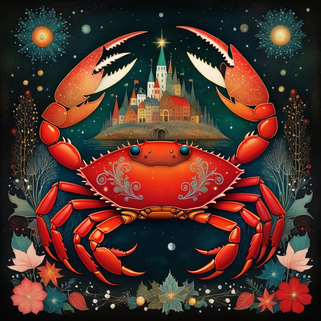 Santa Crab: A Whimsical Collage in Folk Art Style