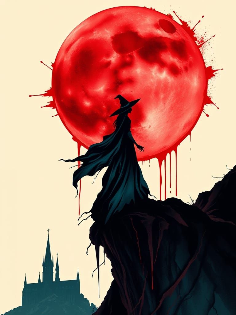 Gothic Witch Silhouette on Crimson Cliff Under Cracked Moon