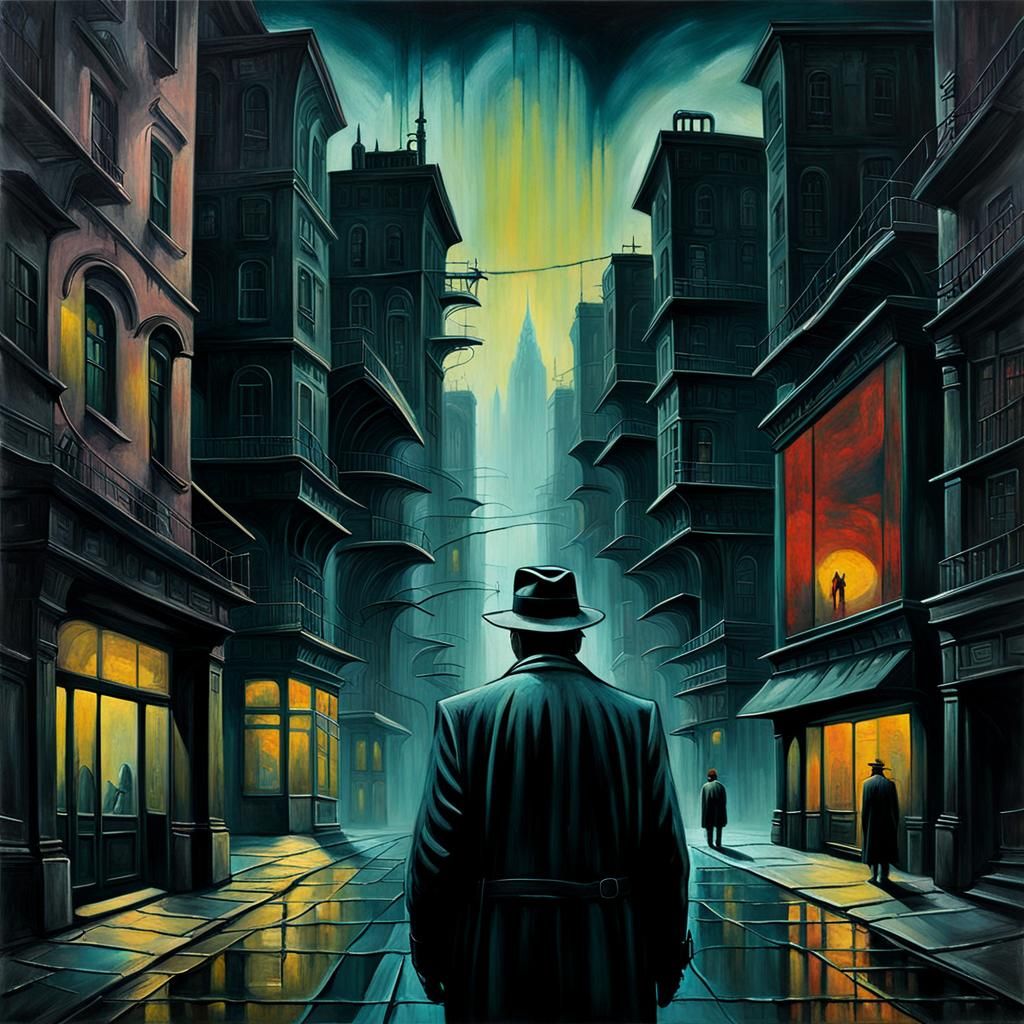 Noir Detective in Mystical Cityscape Oil Painting
