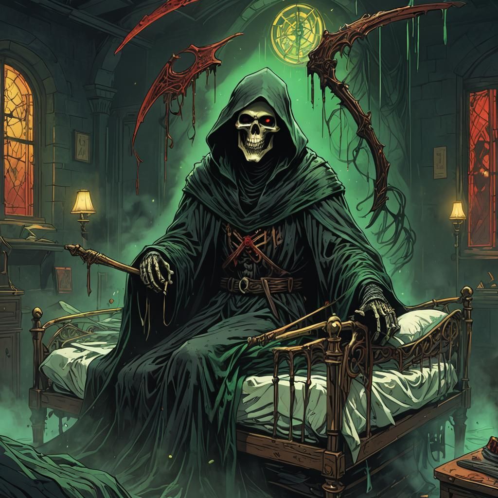 Eerie Grim Reaper Art in Emerald and Crimson