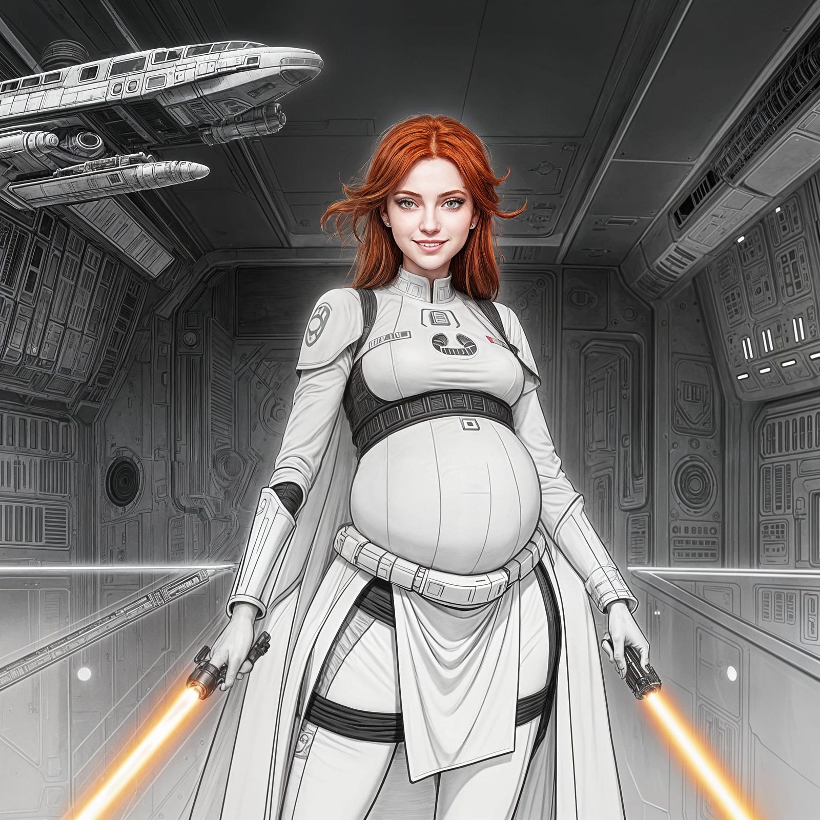 Pregnant Asoka Jedi in Black and White Line Art Style
