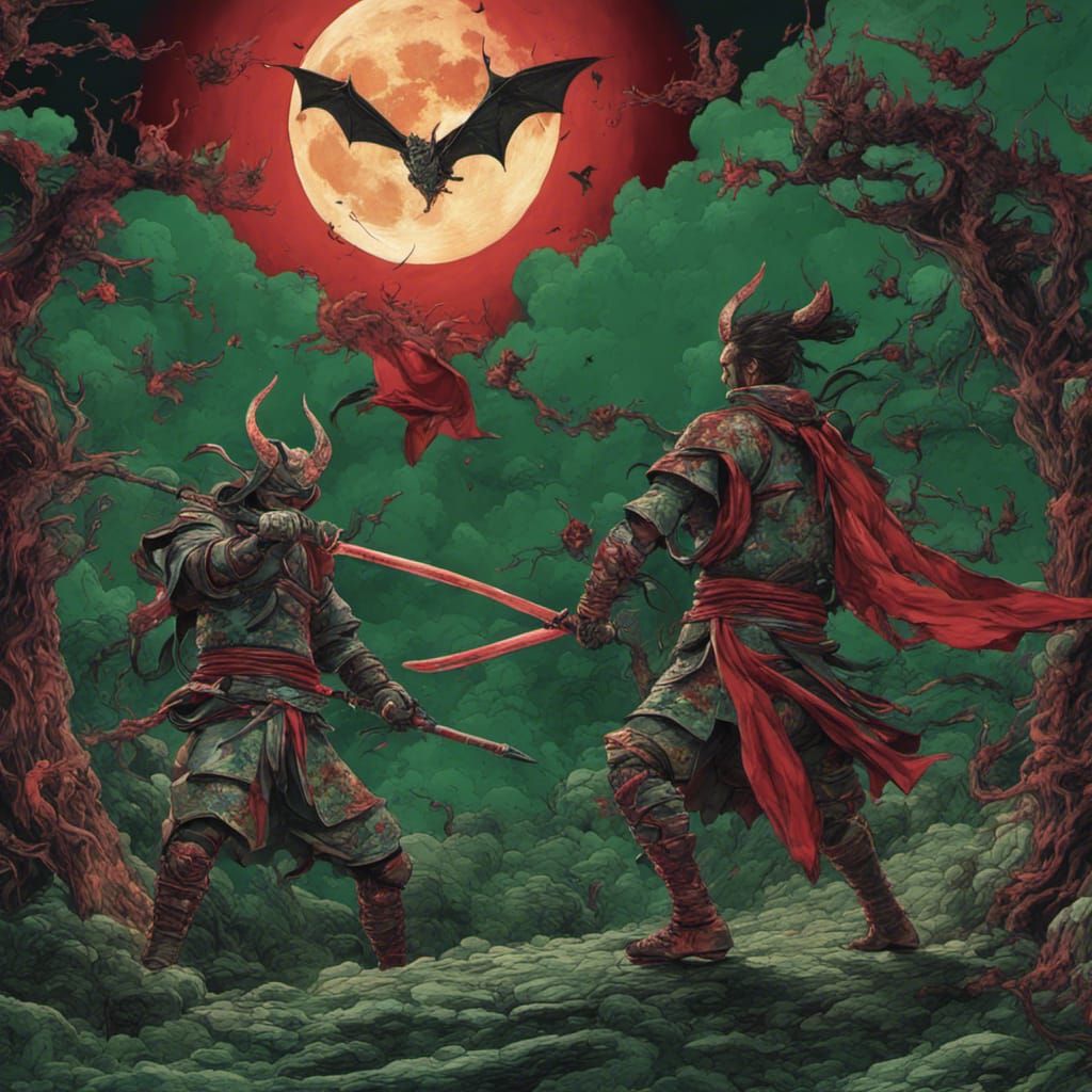 Samurai Blood Moon Fight: Hyperdetailed Digital Art