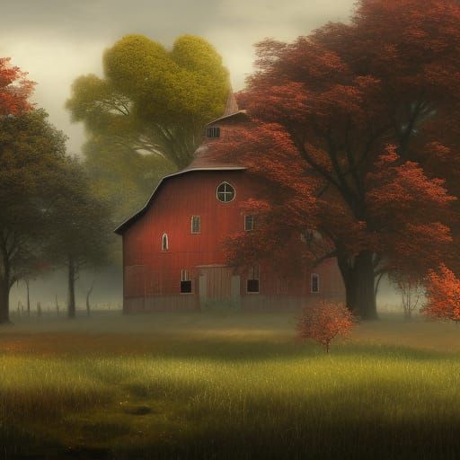 Red Barn in Field: Detailed Matte Painting