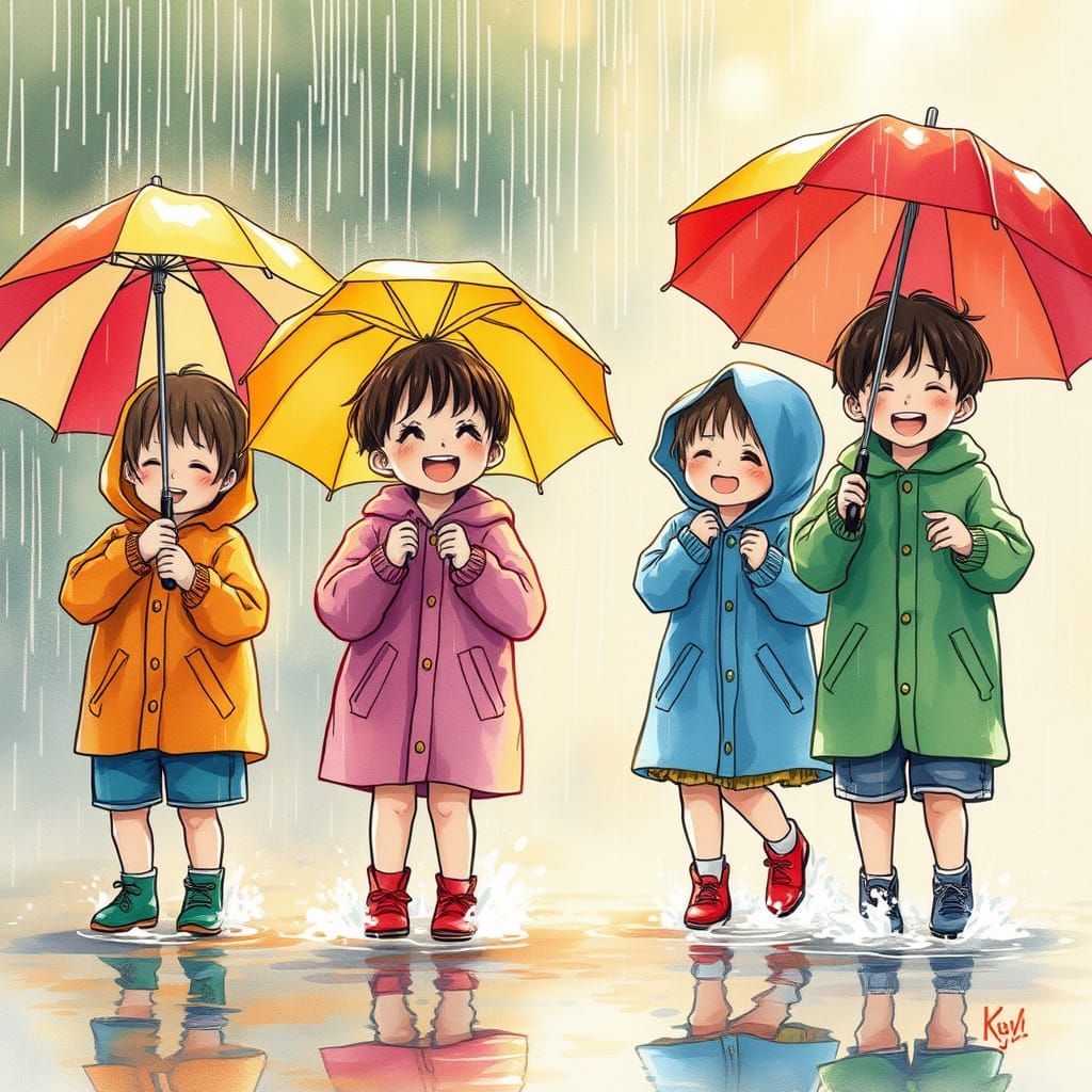 Children Playing in Rainy Day Delight
