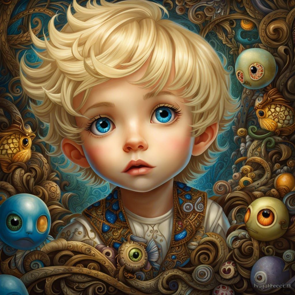 Cute Blonde Boy in Enchanted Wasteland, Digital Art