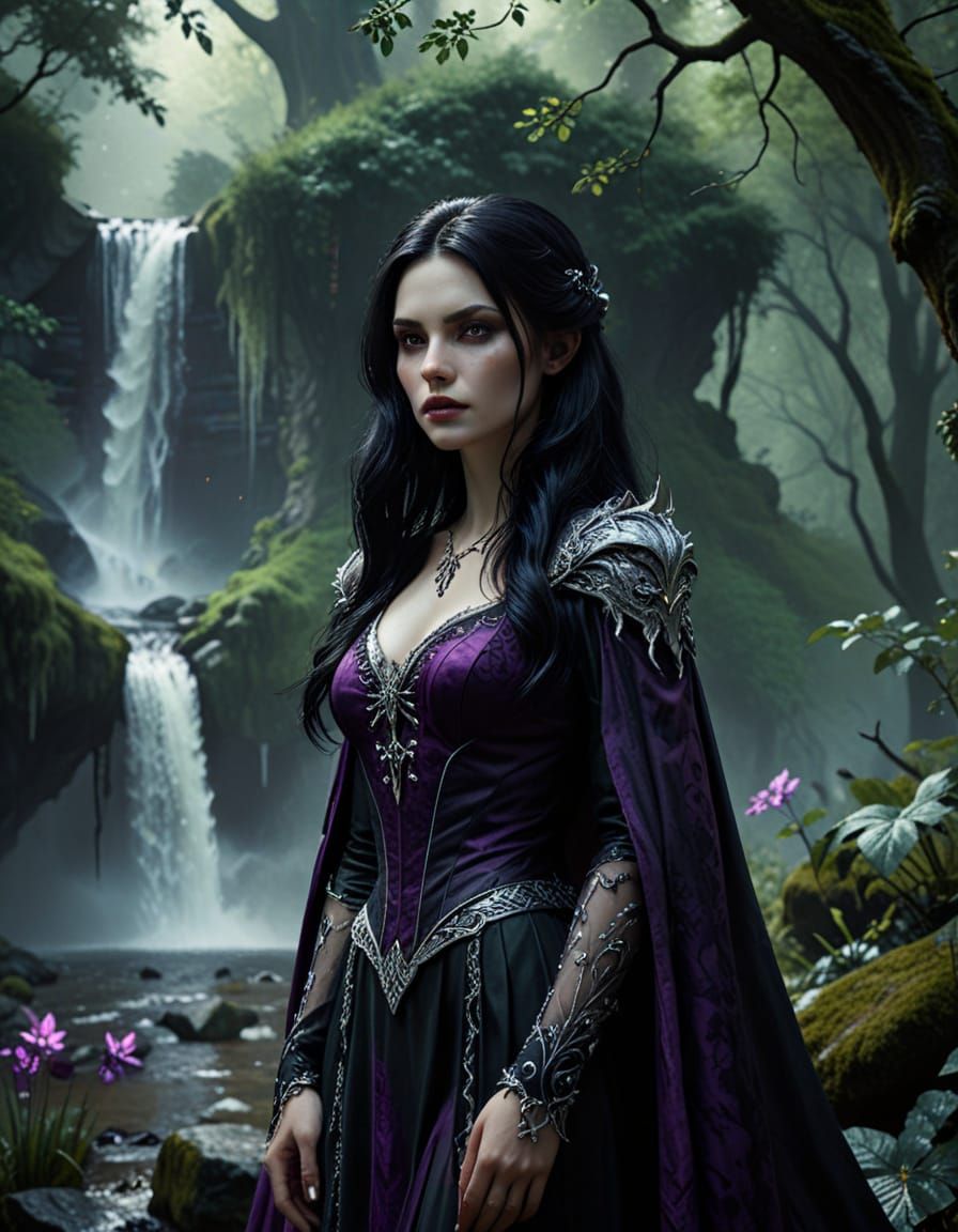 Vampiric Queen by Ethereal Waterfall in Ancient Forest
