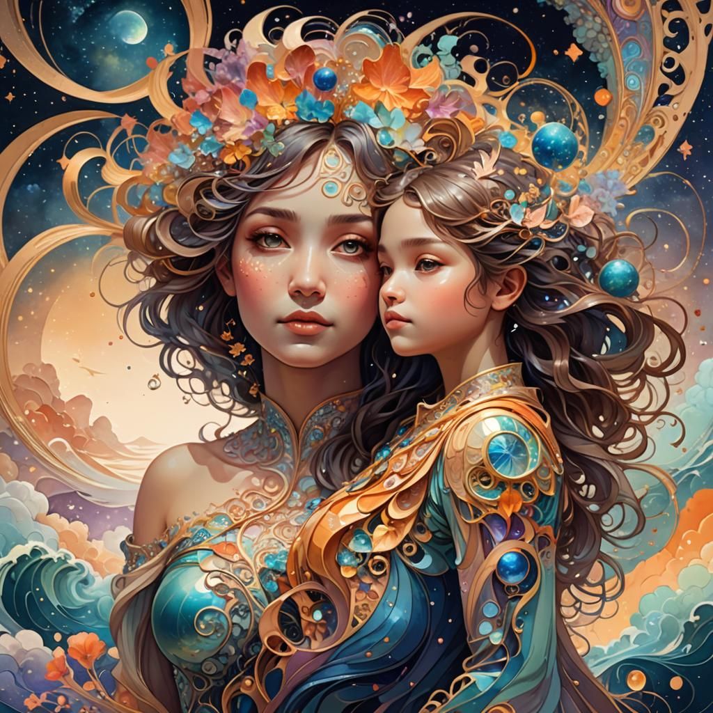 mother and daughter in adorable whimsical celestial dreamscape abstract vector fractal, wave function, Zentangle, 3d sha...