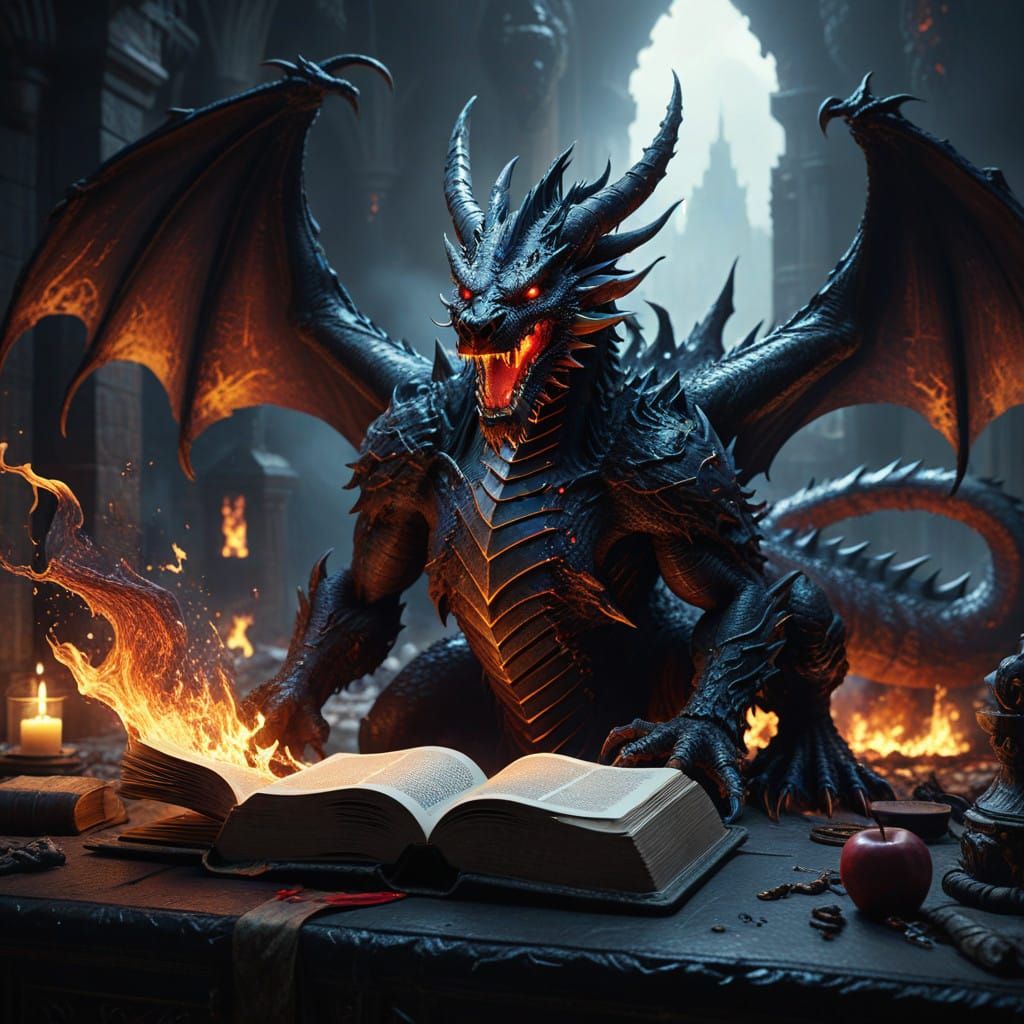 Dark Fantasy Demon Dragon in the Underworld of Black Fire an...
