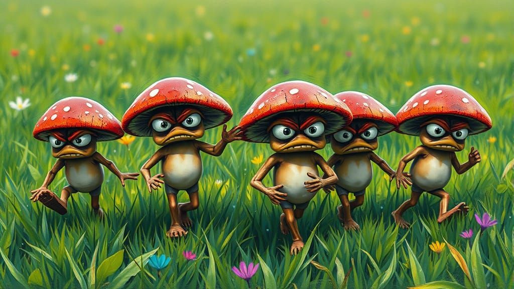 Vibrant Mushroom Acrobats in a Whimsical Field