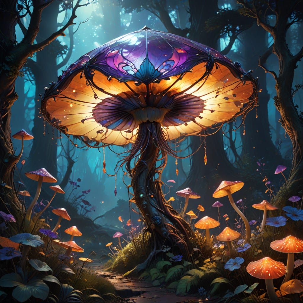Luminous Mushroom Forest in Vibrant, Iridescent Hues