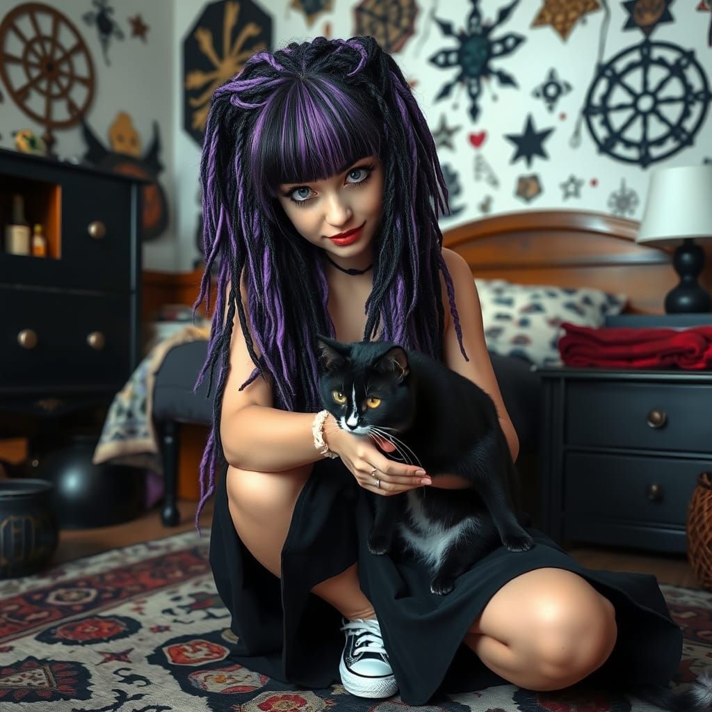 Woman with Cat in Whimsical Surrealist Bedroom