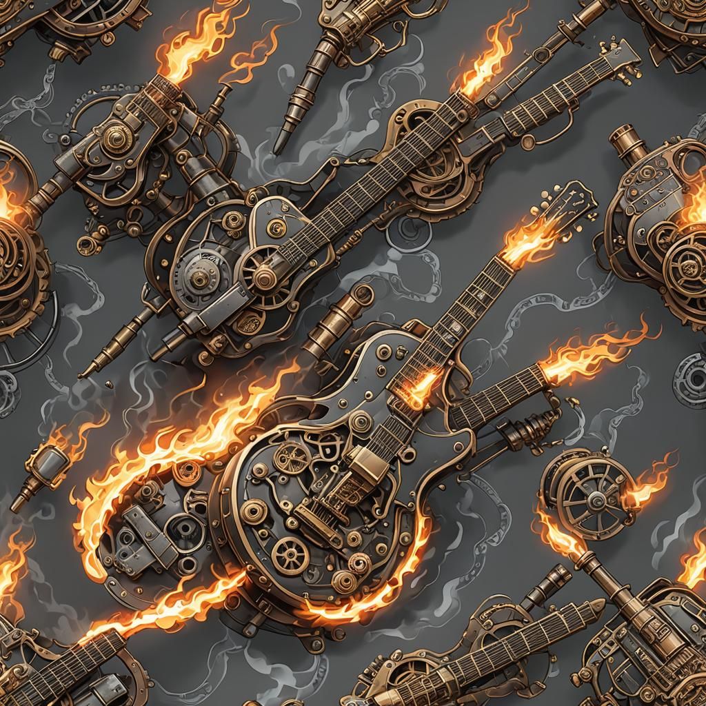 Flaming Guitar with Steampunk Engine and Lightning