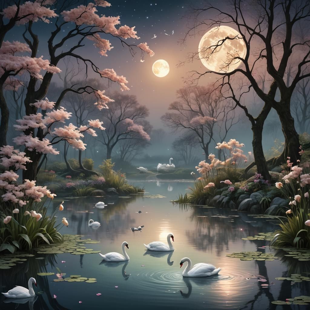 Swans in Moonlight: A Fantasy Pond Landscape