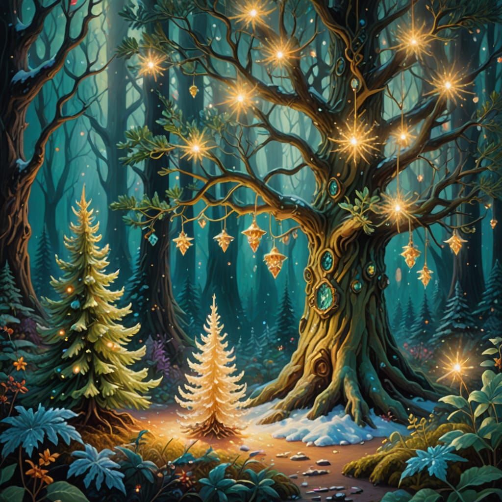 Enchanted Forest Christmas Tree with Fairies in Oil Painting