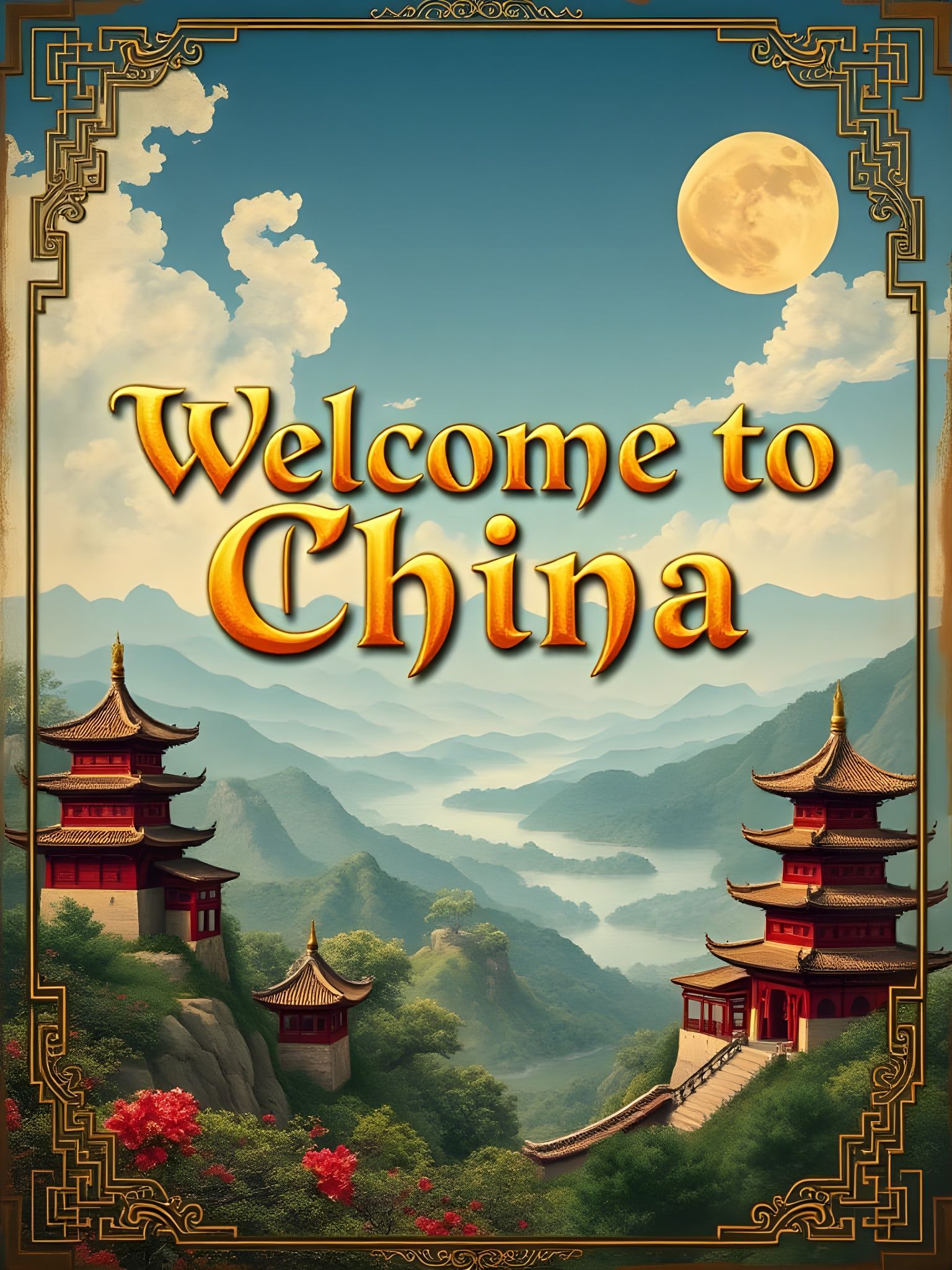 Vintage Travel Poster: Welcome to China Landscape