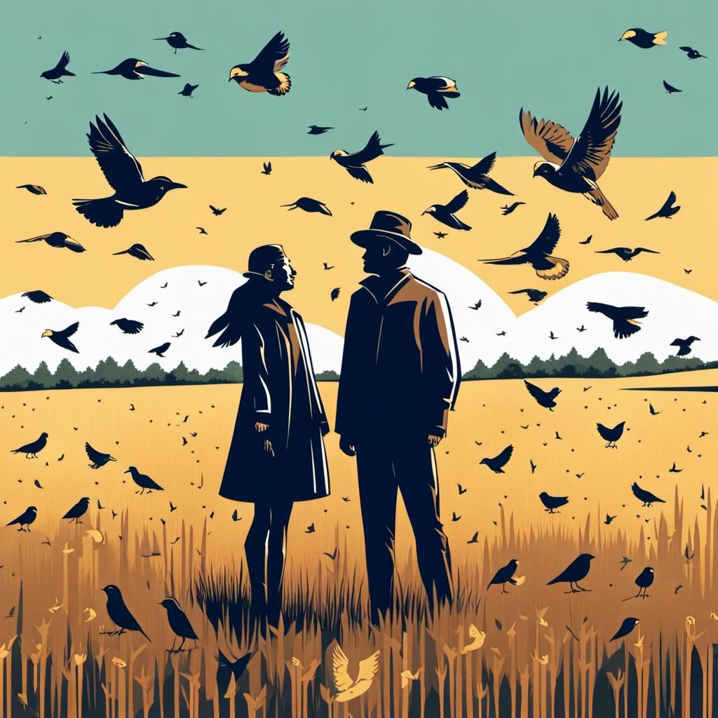 Couple in Field with Birds: A Peaceful Scene