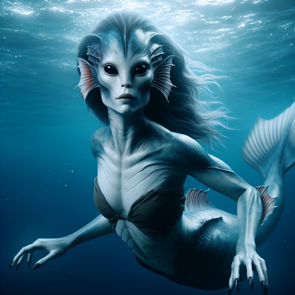 Mysterious Gray-Skinned Female Creature Swimming Underwater