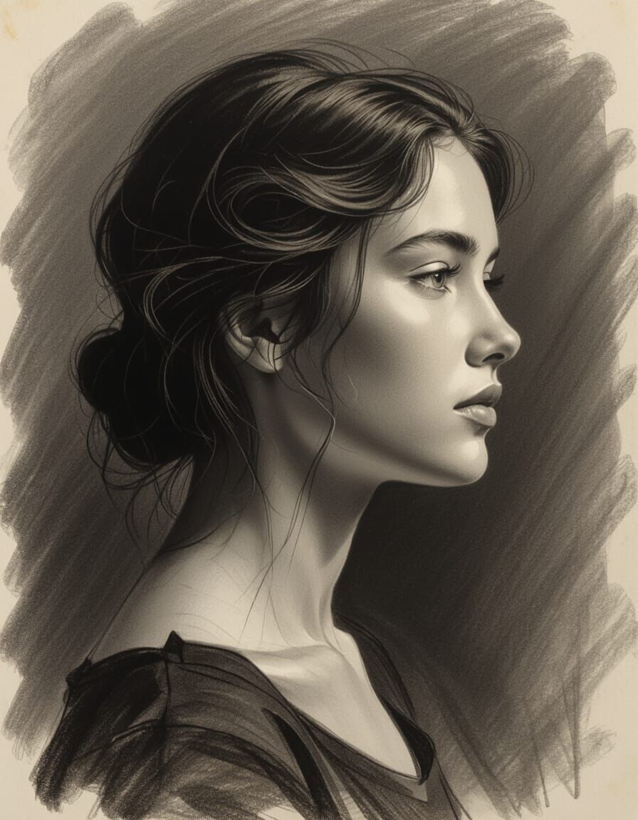 Expressive Charcoal Portrait Drawing of a Young Woman