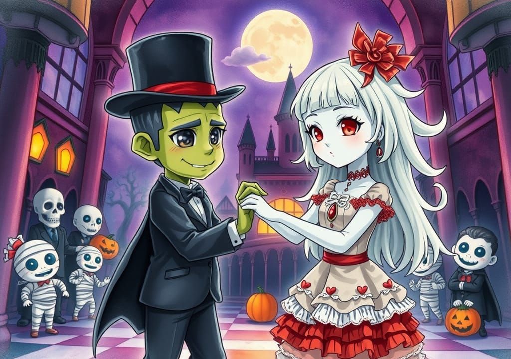 Vampire Girl and Frankenstein's Monster Halloween Dance