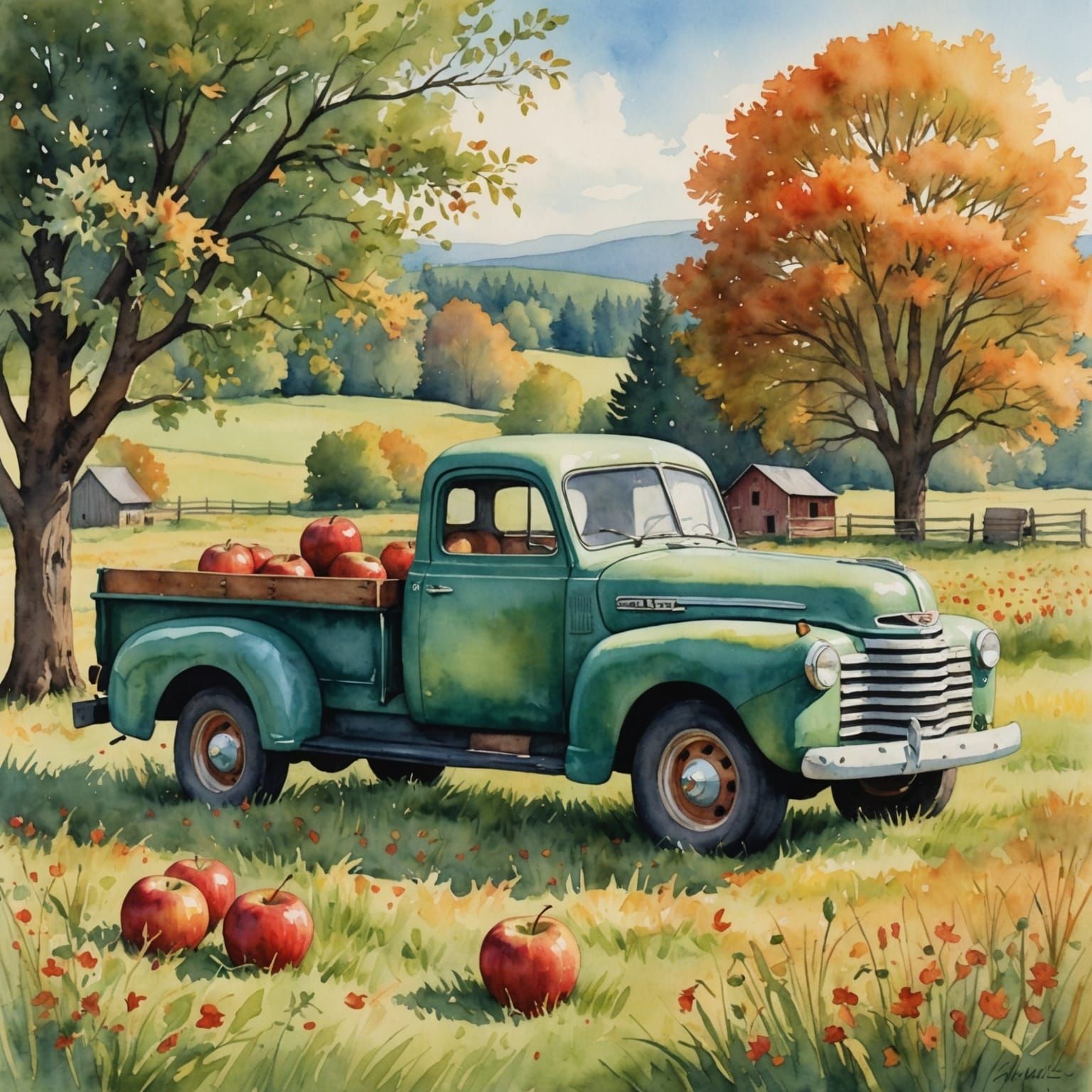 Whimsical Apple Truck in Fall Meadow