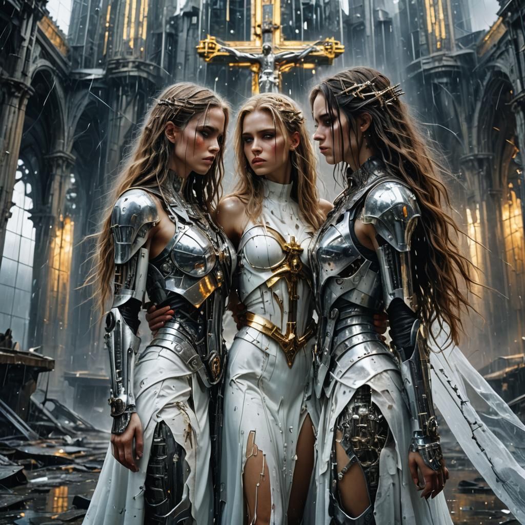 Cyborg Women Embrace in Cyberpunk Cathedral