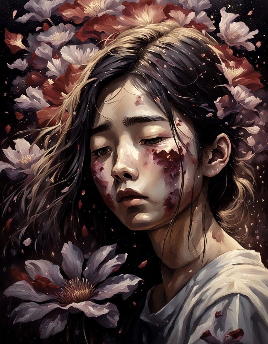 Orphan Woman in Zen Garden: Anime Oil Painting