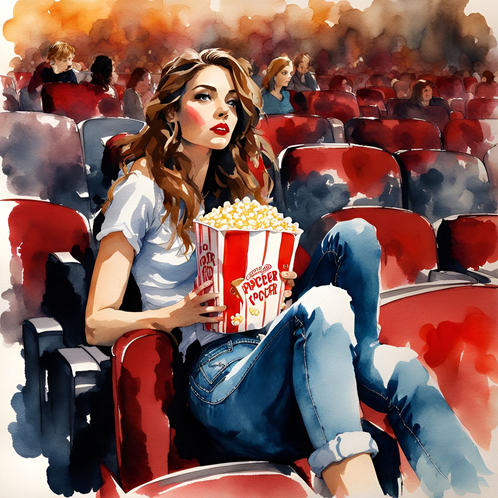 Ink and Watercolor Woman at the Movies