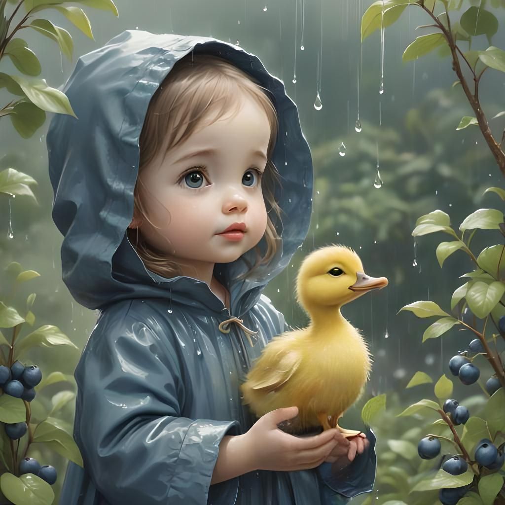 Whimsical Duckling and Girl in Rain Illustration