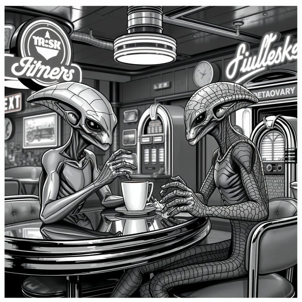 Aliens at a Diner in Noir Style