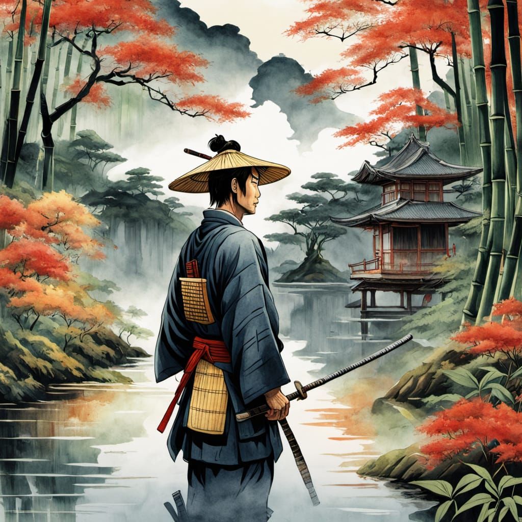 Contemplative Samurai in Bamboo Forest