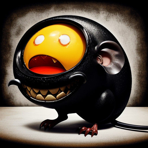 Elegant Black Mouse Confronts Giant Fried Egg in Ornate Sett...