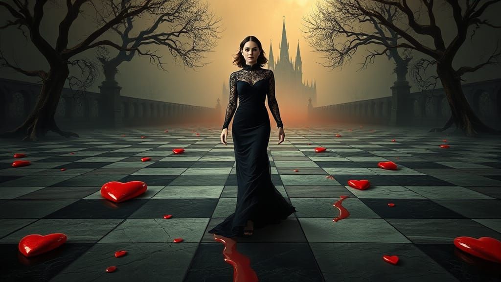Elegant Woman Walks Across a Chessboard Path in a Haunting, ...